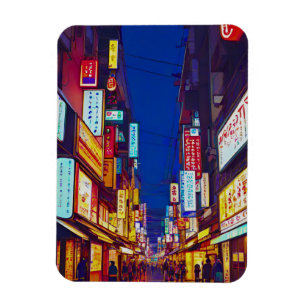 Japanese City Street At Night  Magnet