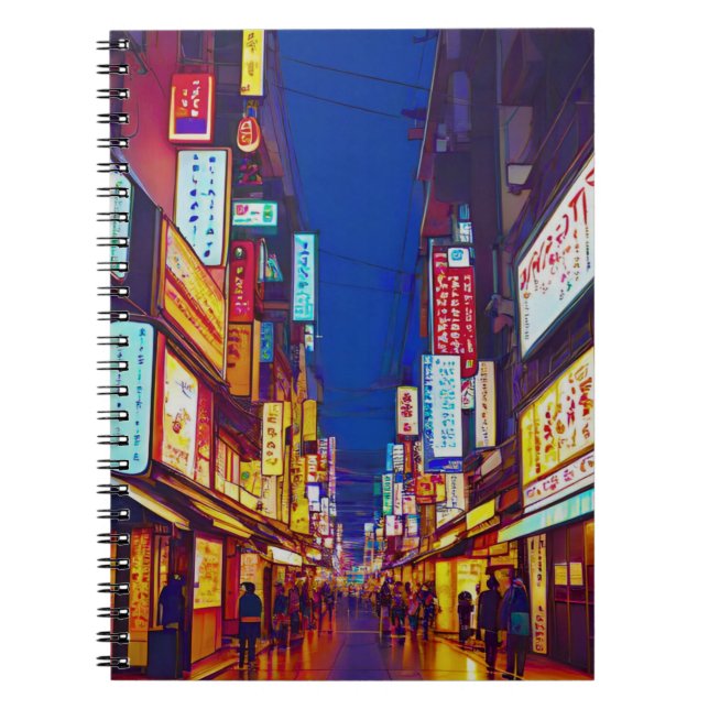 Japanese City Street At Night  Notebook (Front)