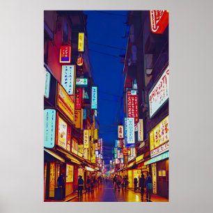 Japanese City Street At Night  Poster