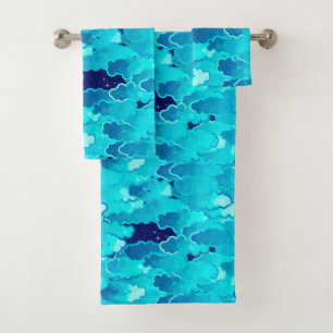 Japanese Clouds, Evening Sky, Turquoise and Indigo Bath Towel Set