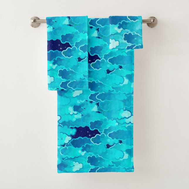 Japanese Clouds, Evening Sky, Turquoise and Indigo Bath Towel Set (Insitu)