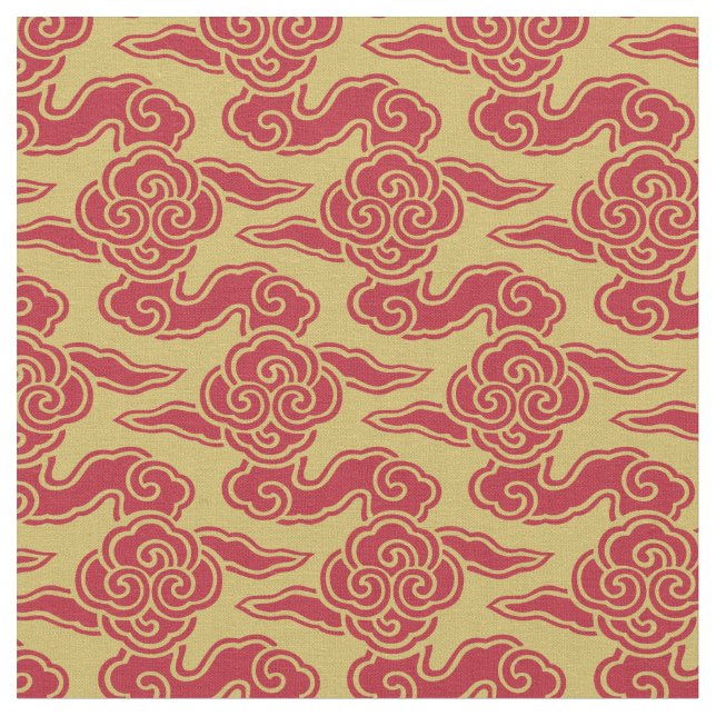 Japanese Clouds Red Gold Fabric (Close Up)