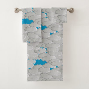 Japanese Clouds, Summer Day, White and Sky Blue Bath Towel Set