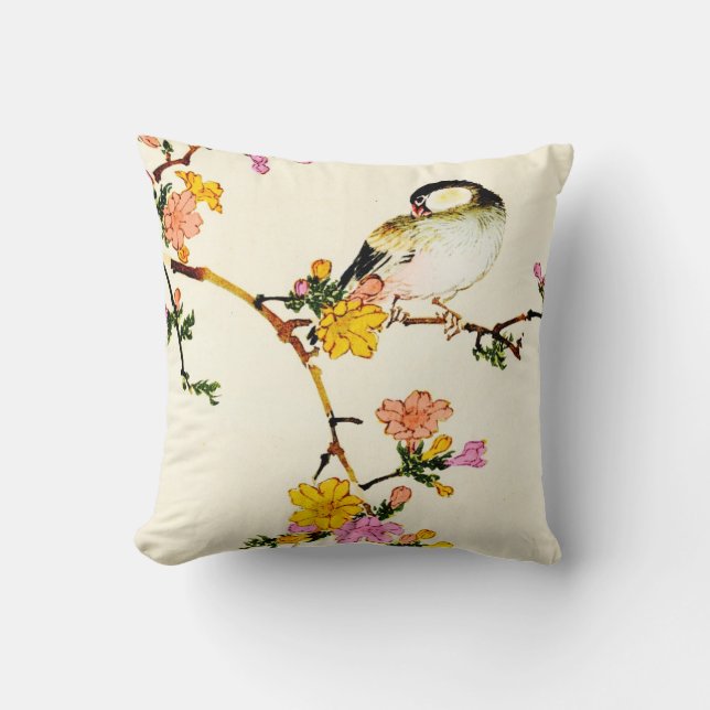 Japanese Colourful Flowers & Bird Cushion (Front)