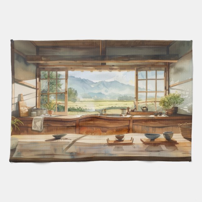 Japanese Countryside Kitchen with Rice Field View  Tea Towel (Horizontal)