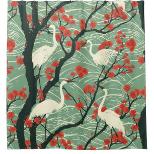 Japanese Crane and Cherry Blossom - Oriental Art Shower Curtain