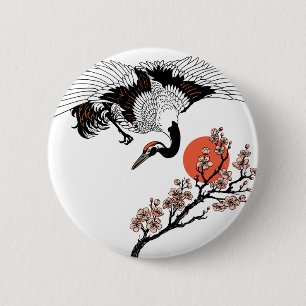 Japanese crane bird and blooming sakura 6 cm round badge