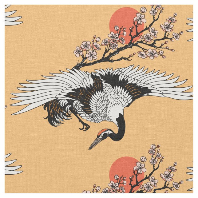 Japanese crane bird and blooming sakura fabric (Close Up)