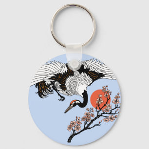 Japanese crane bird and blooming sakura key ring