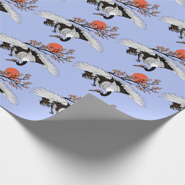 Japanese crane bird and blooming sakura wrapping paper (Corner)