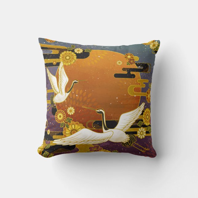 Japanese crane bird colourful sky illustration pat cushion (Front)
