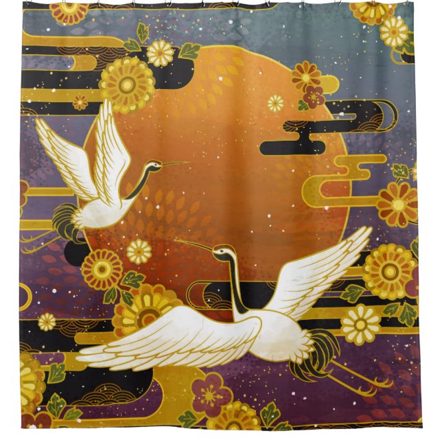 Japanese crane bird colourful sky illustration pat shower curtain (Front)