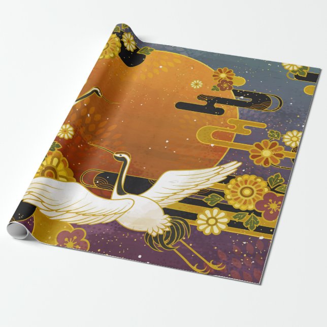 Japanese crane bird colourful sky illustration pat wrapping paper (Unrolled)