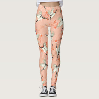 Japanese Crane Bird Painting Pink Vintage Print Leggings