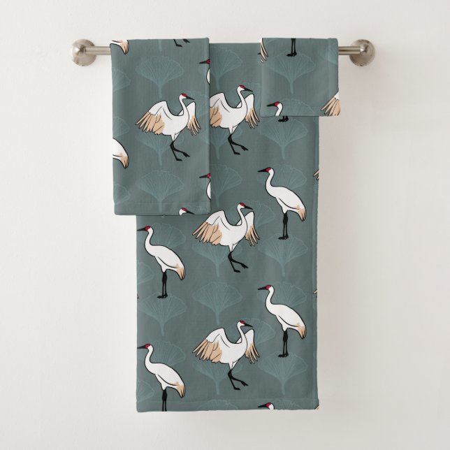 Japanese Crane Birds & Elegant Gingko Leaves Bath Towel Set (Insitu)