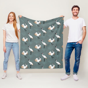 Japanese Crane Birds & Elegant Gingko Leaves Fleece Blanket