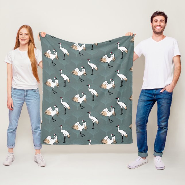 Japanese Crane Birds & Elegant Gingko Leaves Fleece Blanket (In Situ)