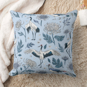 Japanese Crane & Botanical Floral Pattern Cushion