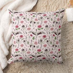Japanese Crane & Botanical Floral Pattern Cushion