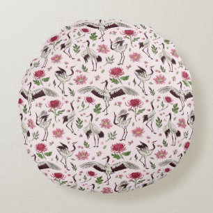 Japanese Crane & Botanical Floral Pattern Round Cushion