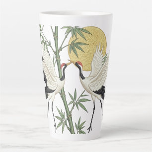 Japanese Crane Embroidery Bamboo Sunrise gift Latte Mug