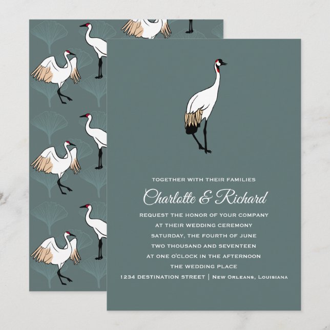 Japanese Crane & Gingko Leaves Wedding Invitation (Front/Back)