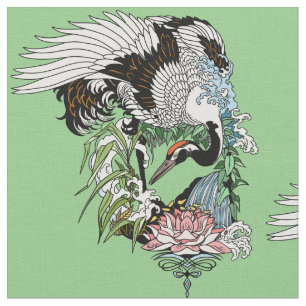 Japanese crane in the garden fabric