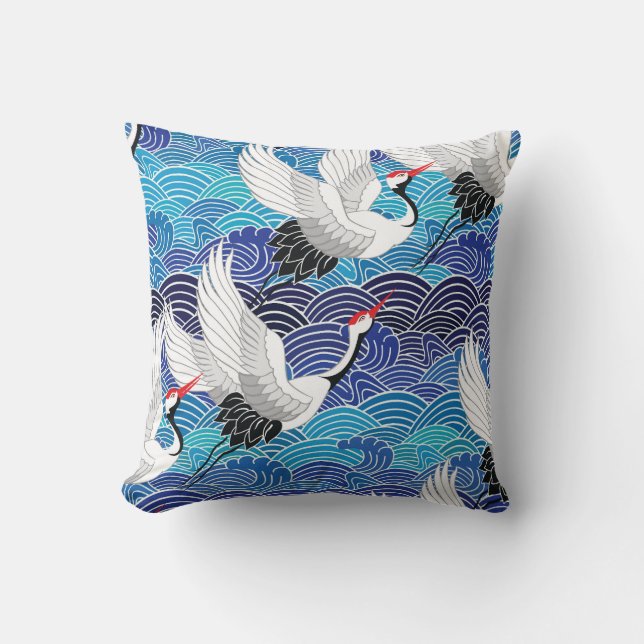 Japanese Crane: Ornate Bird Pattern. Cushion (Front)