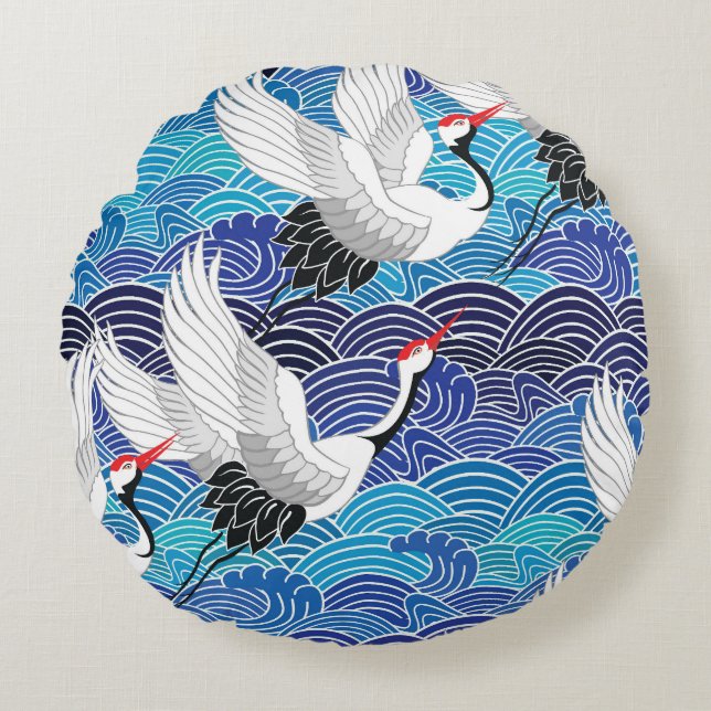 Japanese Crane: Ornate Bird Pattern. Round Cushion (Front)
