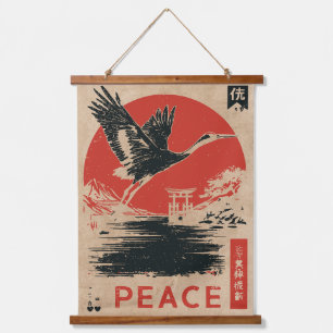 Japanese Crane Peace Art   Wabi Sabi Red Sun Hanging Tapestry