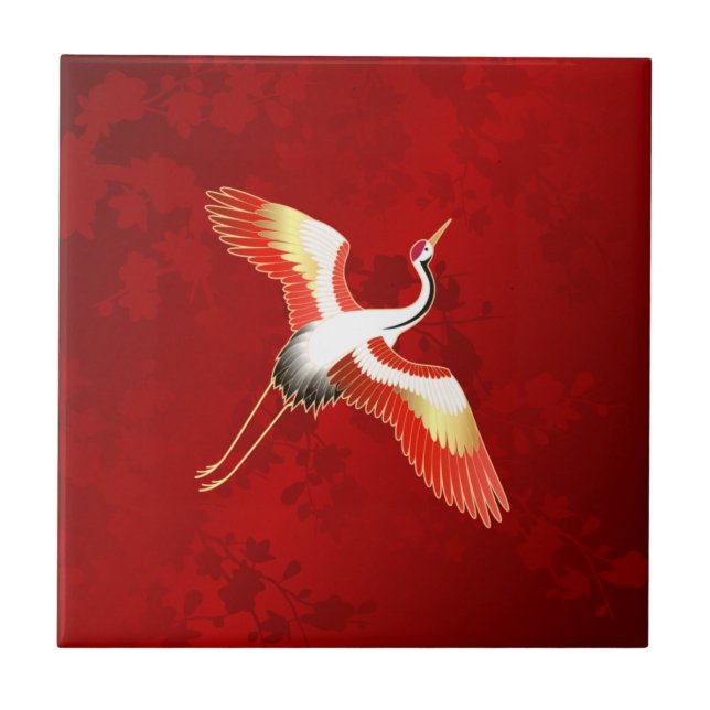 Japanese Crane Red Cherry Blossom Tile (Front)