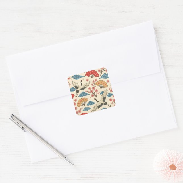Japanese Crane Sakura Pattern Square Sticker  (Envelope)