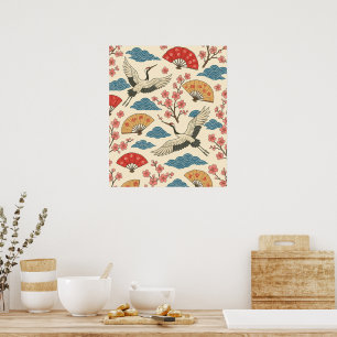 Japanese Crane Sakura Pattern Traditional Japanese Poster
