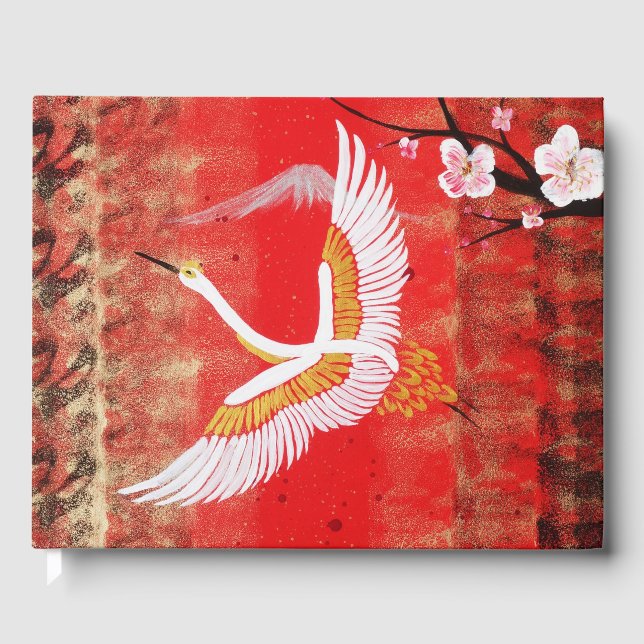 Japanese crane sun Japan sakura red painting Guest Book (Front)