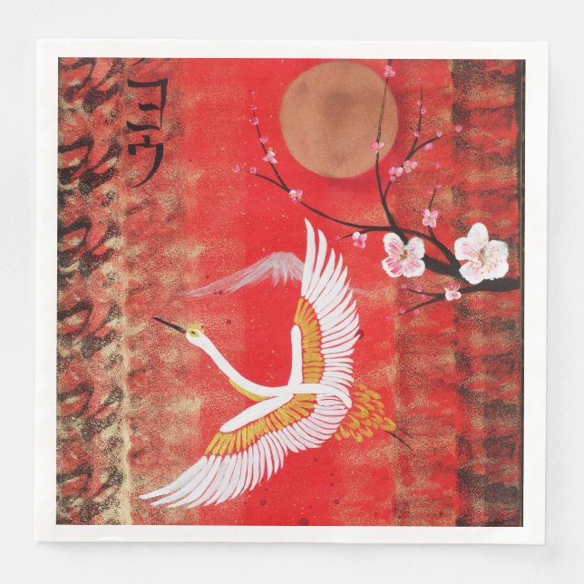 Japanese crane sun Japan sakura red painting Napkin (Front)