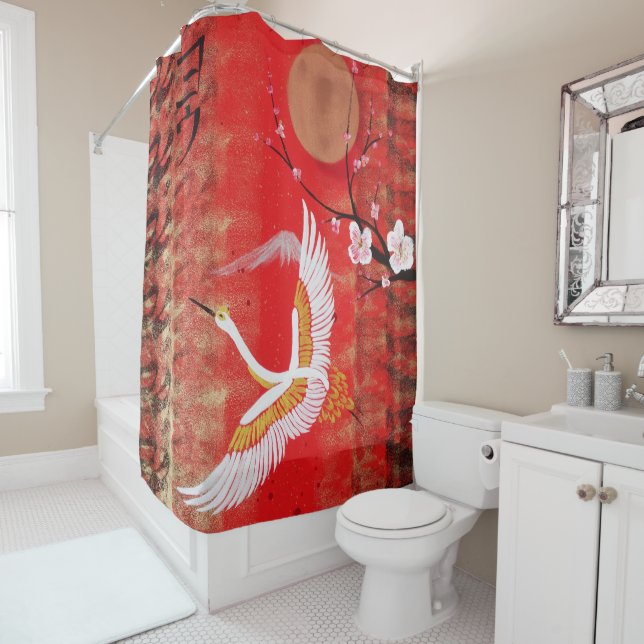 Japanese crane sun Japan sakura red painting Shower Curtain (In Situ)