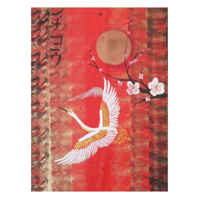 Japanese crane sun Japan sakura red painting Tablecloth (Front)