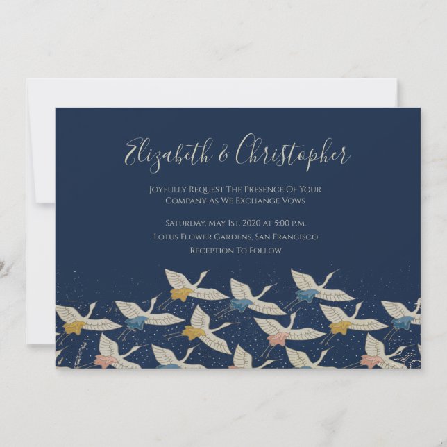 Japanese Crane Vintage Blue Wedding Invitation (Front)