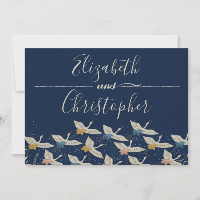Japanese Crane Vintage Blue Wedding Save The Date (Front)