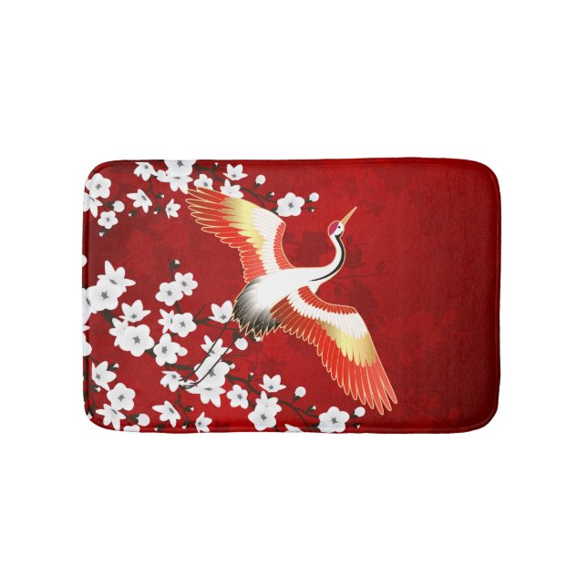 Japanese Crane White Cherry Blossom Red Bath Mat (Front)