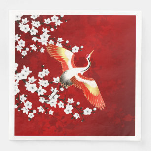 Japanese Crane White Cherry Blossom Red Napkin