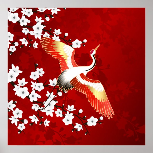 Japanese Crane White Cherry Blossom Red Poster (Front)