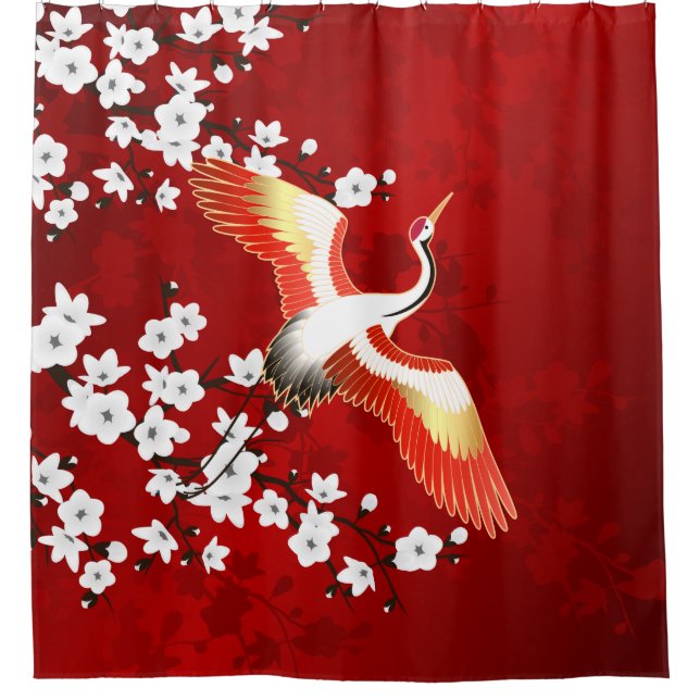 Japanese Crane White Cherry Blossom Red Shower Curtain (Front)