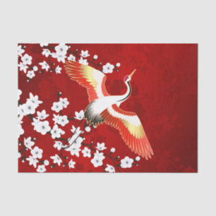 Japanese Crane White Cherry Blossom Red Tissue Paper
