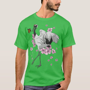 Japanese Crane With Butterfly Japanese Sakura Cher T-Shirt