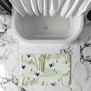 Japanese Cranes and Bamboo Watercolor Pattern Bath Mat