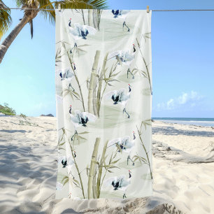 Japanese Cranes and Bamboo Watercolor Pattern Beach Towel