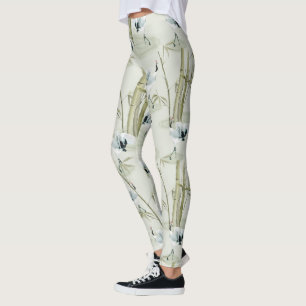 Japanese Cranes and Bamboo Watercolor Pattern Leggings