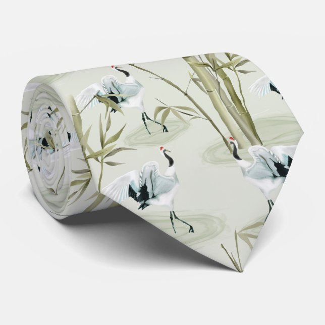 Japanese Cranes and Bamboo Watercolor Pattern Tie (Rolled)