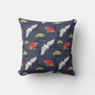 Japanese Cranes and Fans: Vintage Pattern Cushion